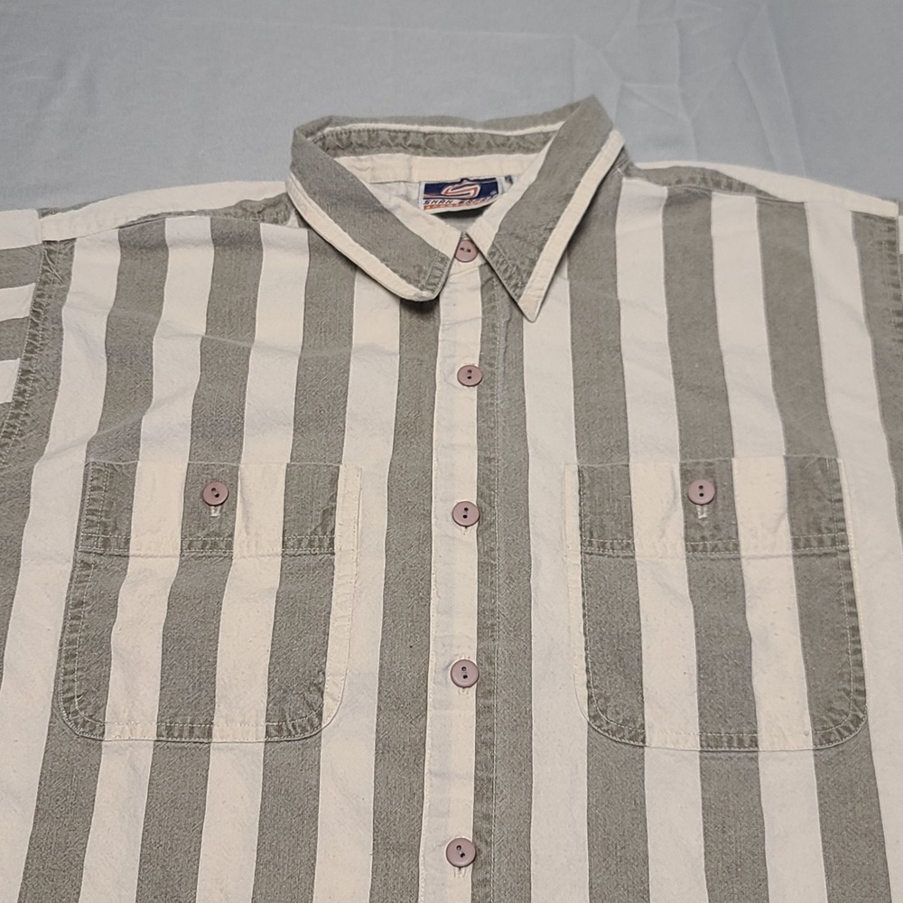 Shah Safari Shirt Mens Large Grey White Striped Short Sleeve Cotton Button Down‎